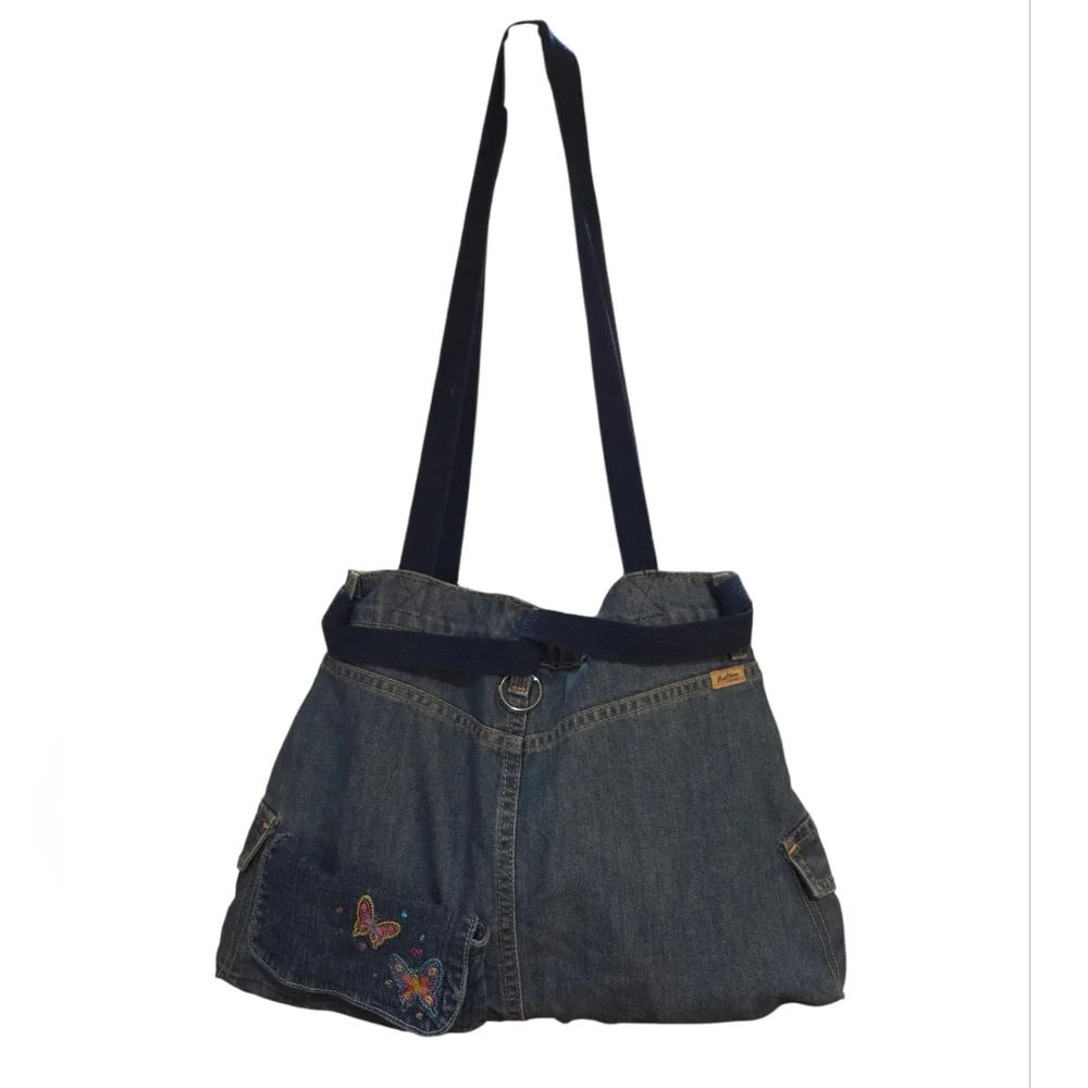 Handmade Upcycled Y2K Levi Strauss Denim Shoulder Bag with Butterfly Embroidery